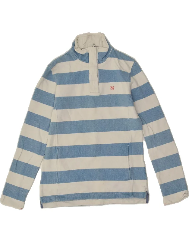 CREW CLOTHING Womens Zip Neck Sweatshirt Jumper UK 10 Small  Blue Striped Hoodie with Hem Fringe Bohemian Relaxed