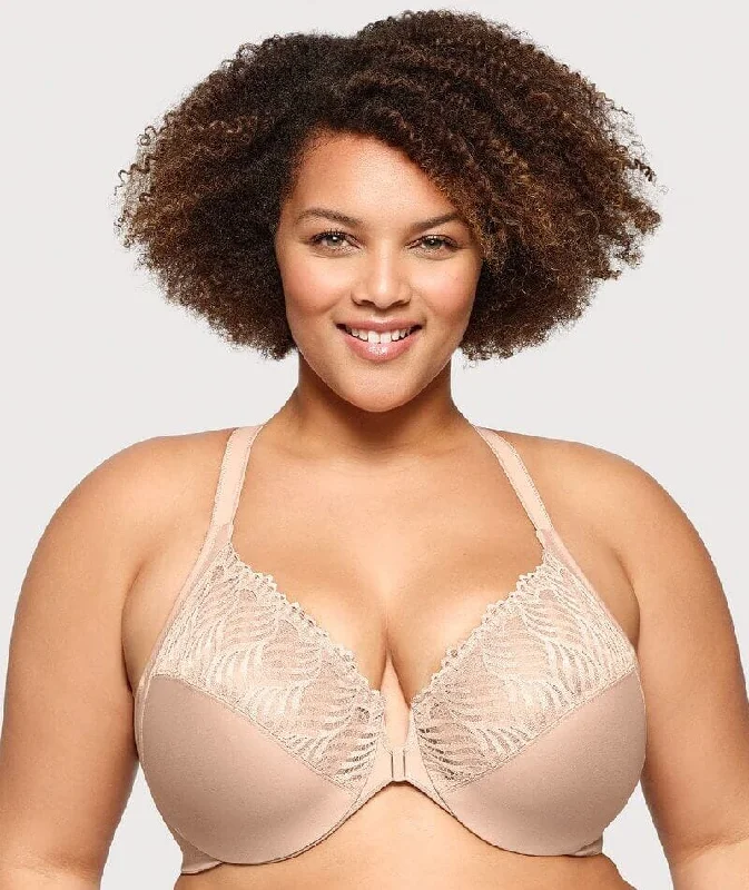 Glamorise Front-Closure T-Back WonderWire Bra - Cafe Sexy Mesh Bra