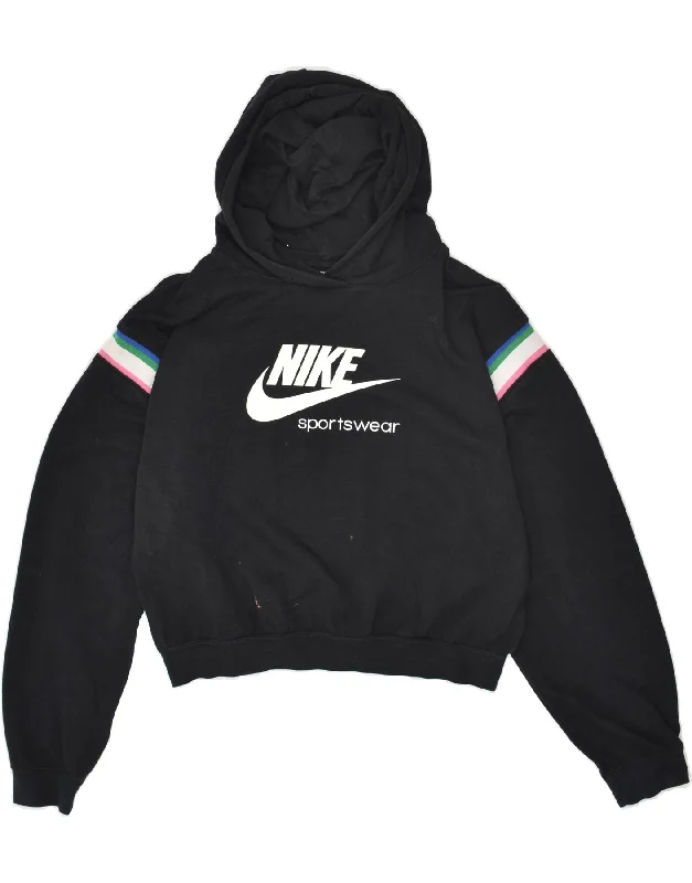 NIKE Womens Crop Graphic Hoodie Jumper UK 10 Small Black Cotton Hoodie with Ribbed Hem Stretchable Secure