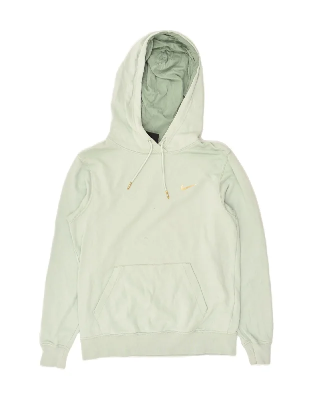 NIKE Womens Hoodie Jumper UK 6 XS Green Cotton Hoodie with Hem Frayed Vintage Worn