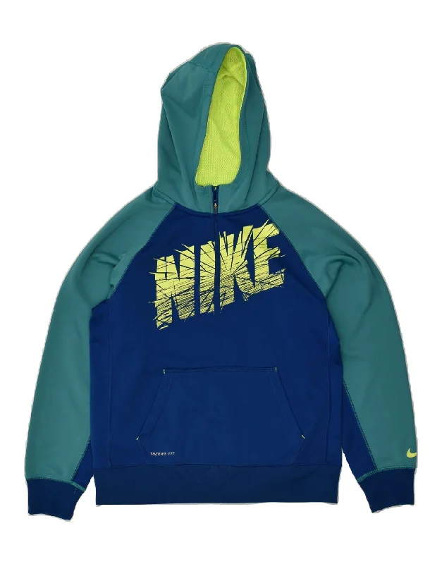 NIKE Womens Therma-Fit Graphic Hoodie Jumper UK 18 XL Blue Colourblock Hoodie with Camouflage Military Edgy