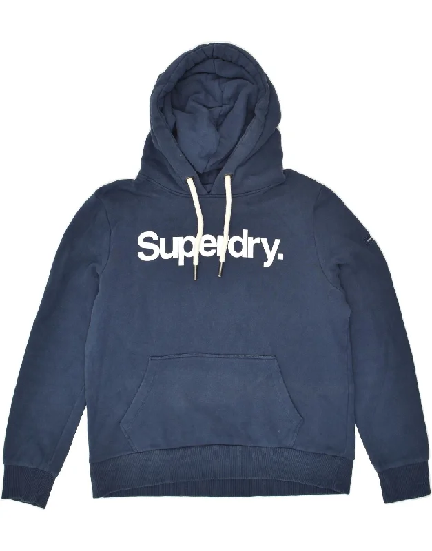 SUPERDRY Womens Graphic Hoodie Jumper UK 14 Medium  Navy Blue Cotton Hoodie with Tied Waist Feminine Flattering