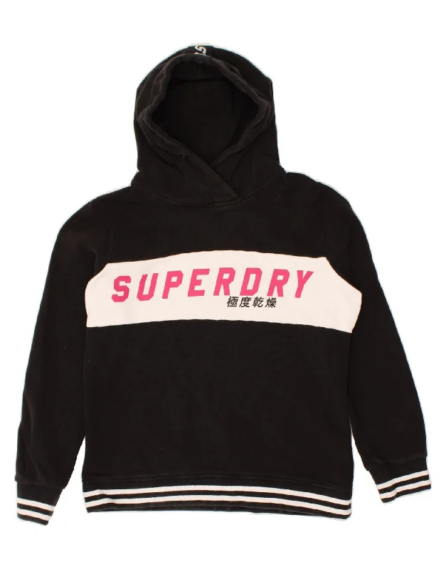 SUPERDRY Womens Graphic Hoodie Jumper UK 16 Large Black Colourblock Cotton Hoodie with Lining Warm Insulated