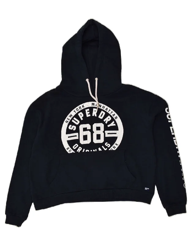 SUPERDRY Womens Graphic Hoodie Jumper UK 16 Large Navy Blue Cotton Hoodie with Hem Patch Decorative Personalized