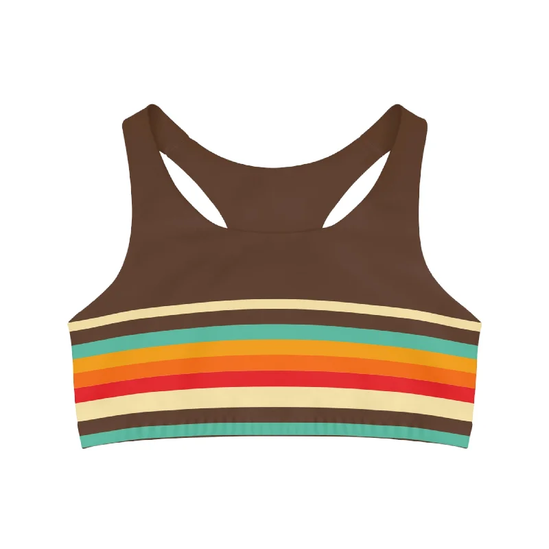 Women's Seamless Sports Bra,  Medium Support - 70s Stripe Brown Smooth Fit Bra