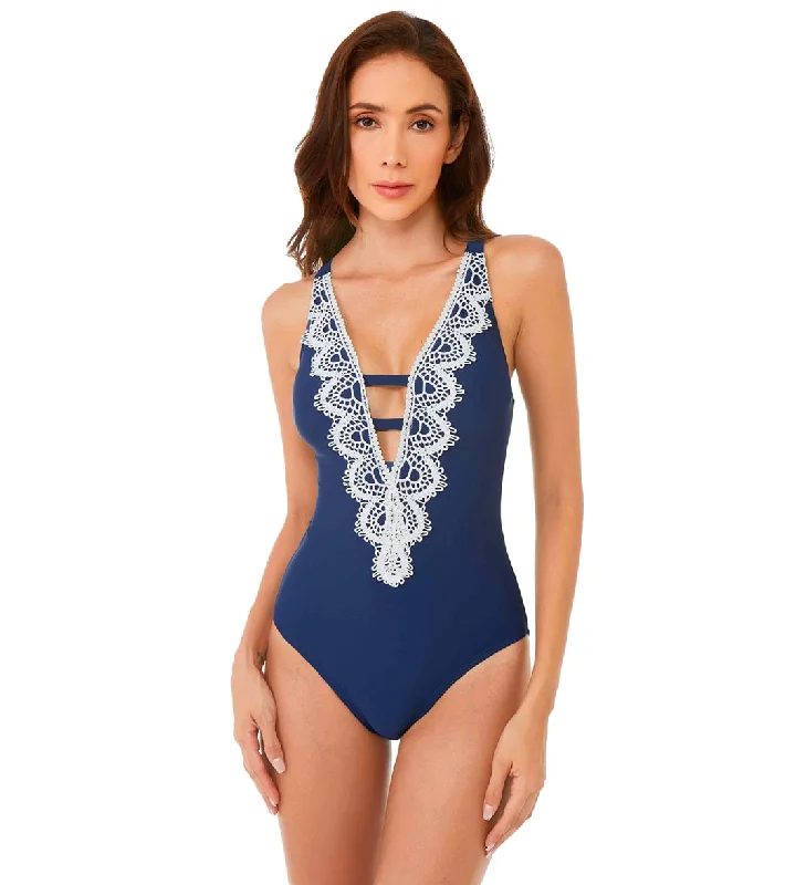 BCA by Rebecca Virtue Destination Crochet Plunge Neck One Piece Swimsuit Navy Sexy Cutout Swimsuit BCA by Rebecca Virtue Destination Crochet Plunge Neck One Piece Swimsuit Navy Sexy Cutout Swimsuit