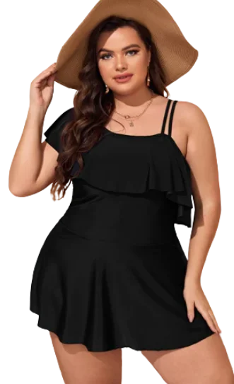 Black Plus Ruffle Trim Asymmetrical Swim Dress With Bikini Bottom Flirty Ruffle Swimsuit Black Plus Ruffle Trim Asymmetrical Swim Dress With Bikini Bottom Flirty Ruffle Swimsuit