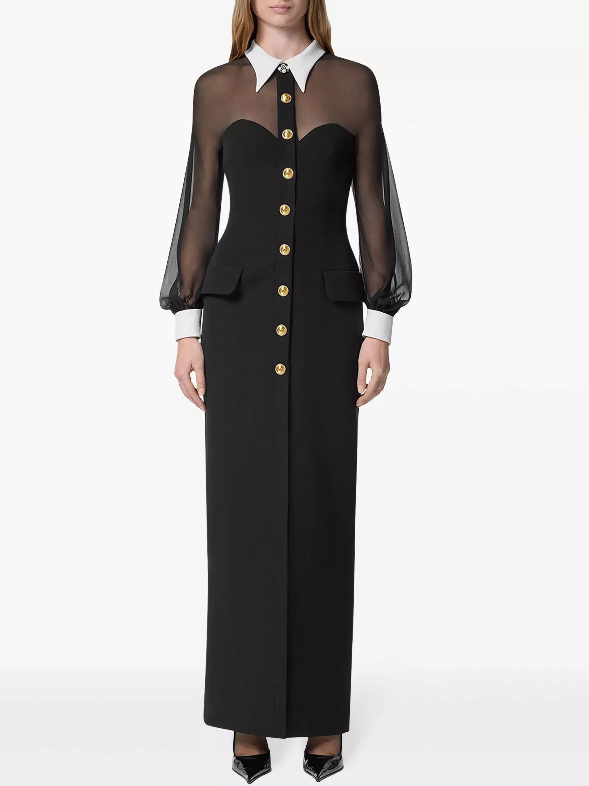 Black Semi Sheer Snap Button Closure Maxi Dress Elegant Maxi Dress with Slit