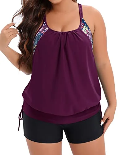 Blouson Tankini Top & Boy Shorts Plus Size Two Piece Swimsuit For Women-Wine Red Leaves Lace Back Bikini Blouson Tankini Top & Boy Shorts Plus Size Two Piece Swimsuit For Women-Wine Red Leaves Lace Back Bikini