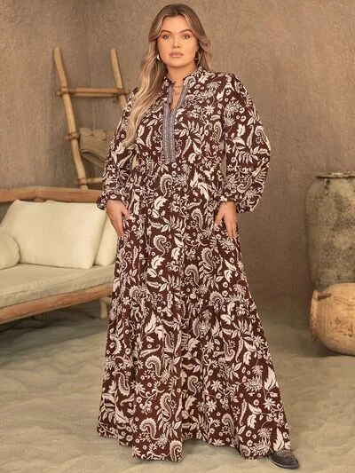 Blue Zone Planet | Plus Size Notched Balloon Sleeve Printed Maxi Dress Fashionable Printed Maxi Dress Blue Zone Planet | Plus Size Notched Balloon Sleeve Printed Maxi Dress Fashionable Printed Maxi Dress