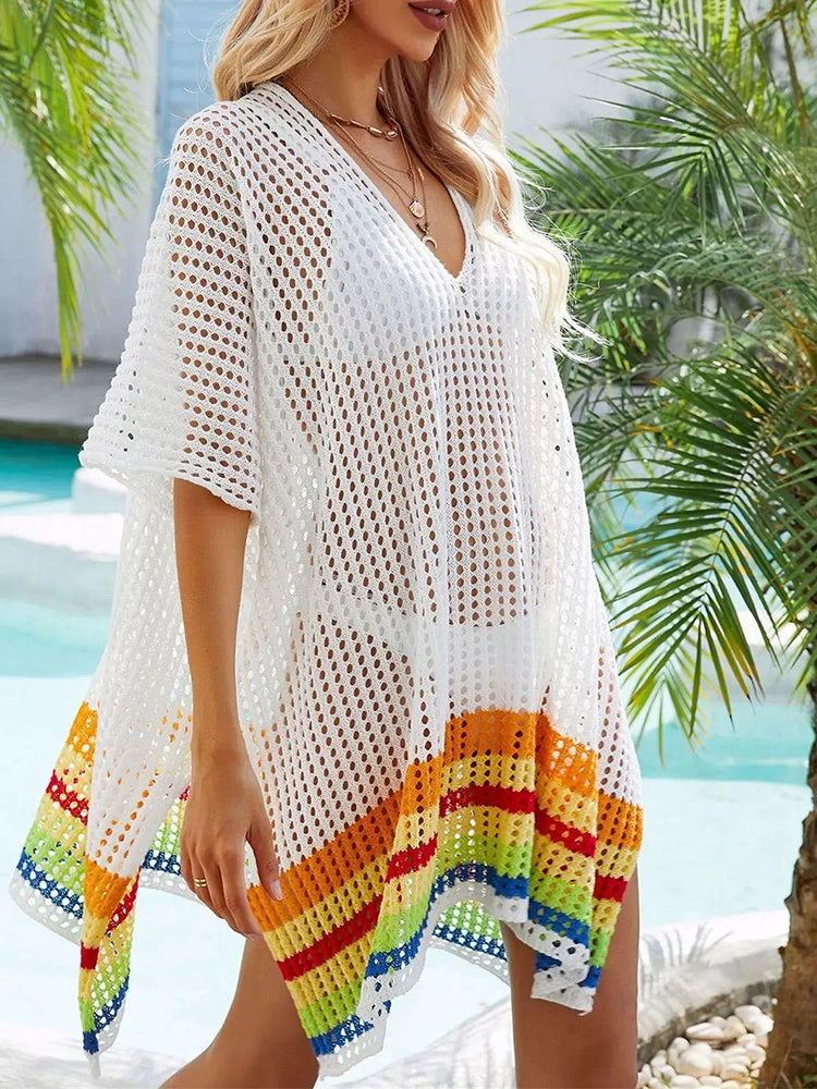 Cover Ups Boho Beach Crochet Robe Sexy Hollow Out Knitted Cover-ups Summer Rrainbow Stripe Cover Up for Women Mini Dresses Loose Trendy A-Line Mini Dress