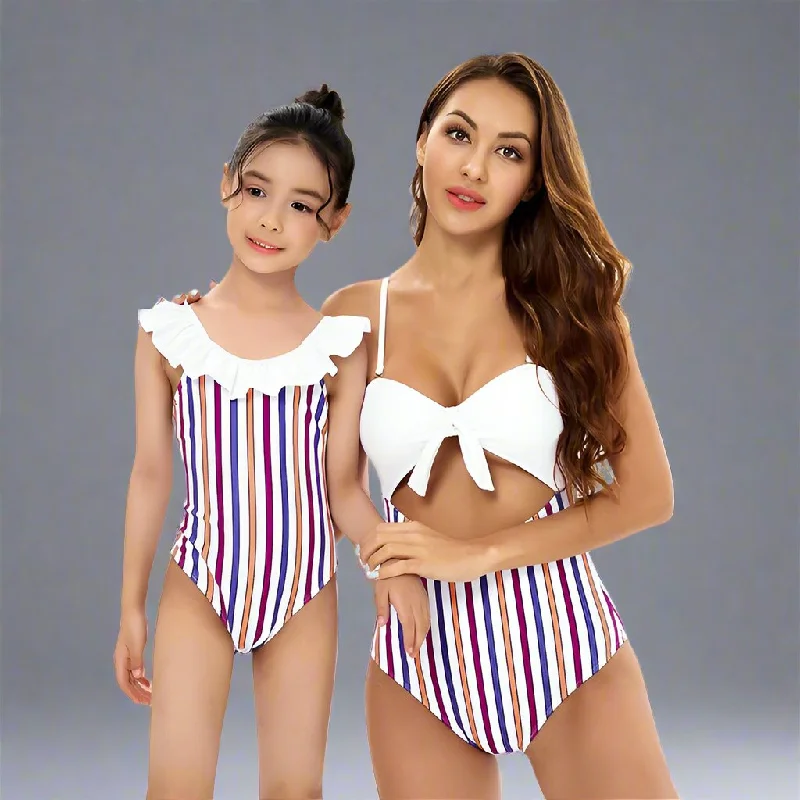 Chic Striped One-Piece Swimsuit with Playful Ruffle Detail - A Duo of Elegance for Mother & Daughter Button-Front Swimsuit Chic Striped One-Piece Swimsuit with Playful Ruffle Detail - A Duo of Elegance for Mother & Daughter Button-Front Swimsuit