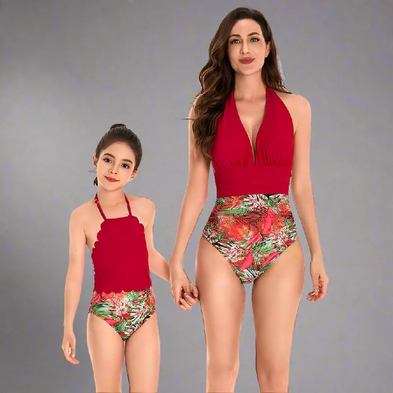 Elegant Tropical High-Waisted Swimsuit Set for Mother and Daughter Radiant Red Halter Neck Design Soft Beachwear Set Elegant Tropical High-Waisted Swimsuit Set for Mother and Daughter Radiant Red Halter Neck Design Soft Beachwear Set