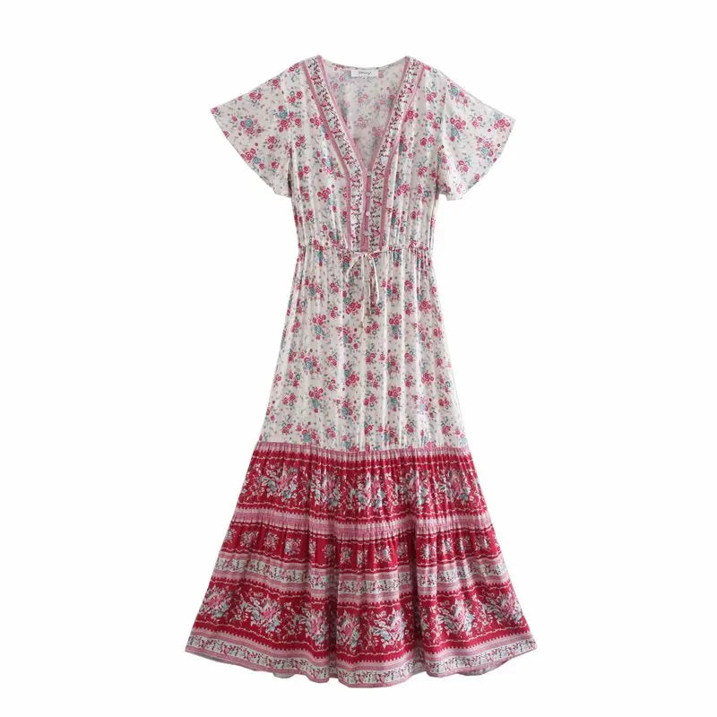 Red Rosebud Boho Floral Print Maxi Dress Cozy Maxi Dress with Slit