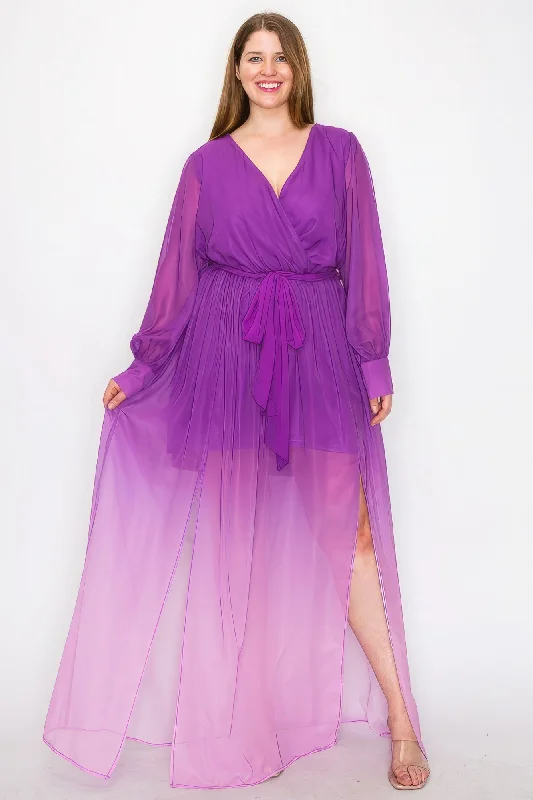 Ombre Chiffon Wrap Front Long Sleeve Tie Waist Slit Front Maxi Dress Stylish Pleated A-Line Maxi Dress Ombre Chiffon Wrap Front Long Sleeve Tie Waist Slit Front Maxi Dress Stylish Pleated A-Line Maxi Dress