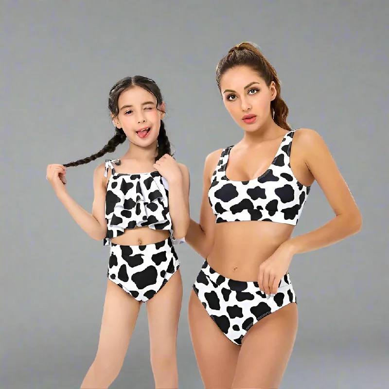 Modern Cow Print Tankini Swimsuit Set for Mother and Daughter Stylish High-Waisted Swimwear with Ruffle Detail Beachy Ruffle Bikini Modern Cow Print Tankini Swimsuit Set for Mother and Daughter Stylish High-Waisted Swimwear with Ruffle Detail Beachy Ruffle Bikini