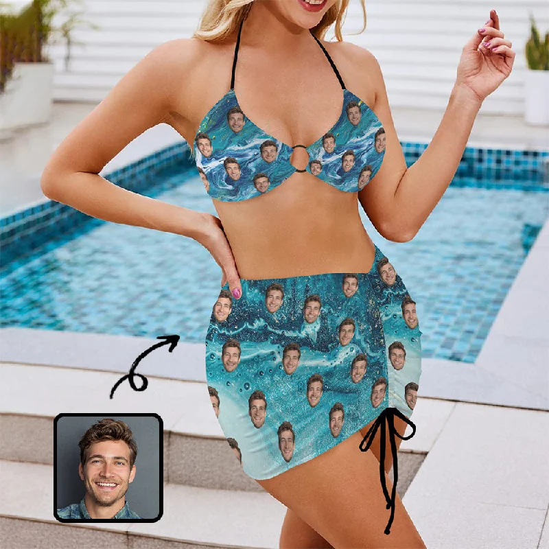 Personalized Face Women Swimsuit Custom Face Blue Women's Drawstring Halterneck Three-PieceSwimsuit Skirt Stylish Cover-Up Set Personalized Face Women Swimsuit Custom Face Blue Women's Drawstring Halterneck Three-PieceSwimsuit Skirt Stylish Cover-Up Set
