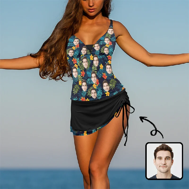 Personalized Face Women's Two Piece Tankini Swimsuit Custom Face&Flower&Leaves Women's Drawstring Tankini Swimming Skirt Mesh Swimsuit Top Personalized Face Women's Two Piece Tankini Swimsuit Custom Face&Flower&Leaves Women's Drawstring Tankini Swimming Skirt Mesh Swimsuit Top