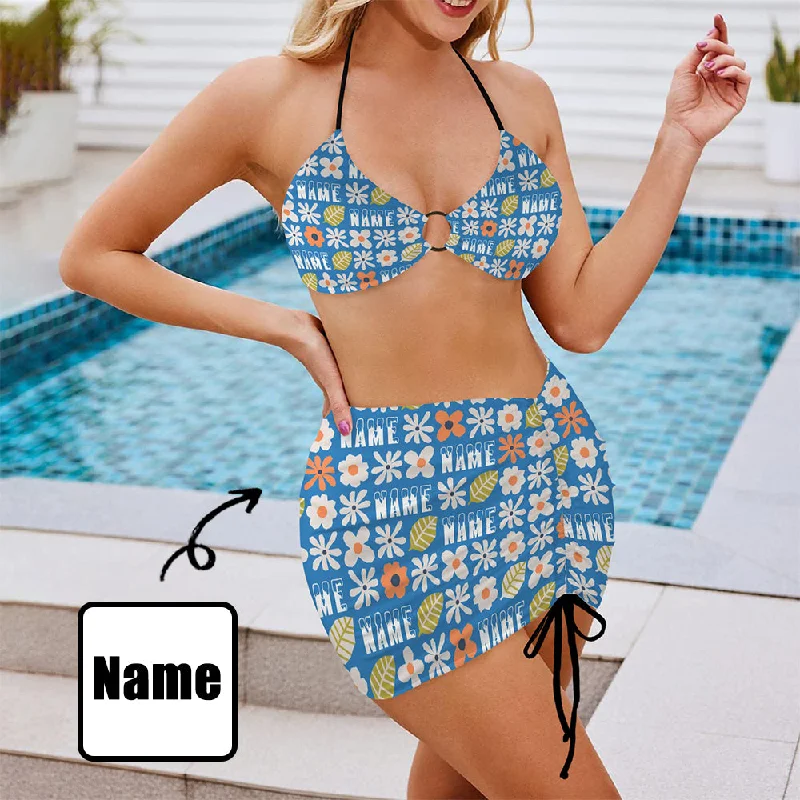 Personalized Name Women Swimsuit Custom Women's Drawstring Halterneck Three-PieceSwimsuit Skirt With Text Color-Block Bikini Personalized Name Women Swimsuit Custom Women's Drawstring Halterneck Three-PieceSwimsuit Skirt With Text Color-Block Bikini