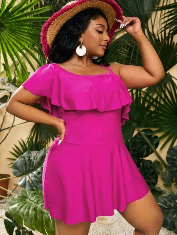 Pink Plus Ruffle Trim Asymmetrical Swim Dress With Bikini Bottom Flirty Ruffle Swimsuit Pink Plus Ruffle Trim Asymmetrical Swim Dress With Bikini Bottom Flirty Ruffle Swimsuit