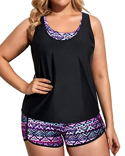 Plus Size 3 Piece Tankini Swimming Set With Sports Bra And Boardshorts-Black And Tribal Purple Modern High-Waisted Swimsuit Plus Size 3 Piece Tankini Swimming Set With Sports Bra And Boardshorts-Black And Tribal Purple Modern High-Waisted Swimsuit