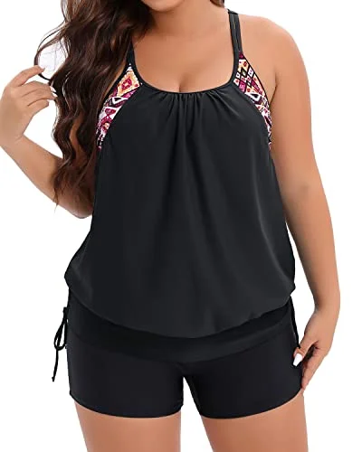 Plus Size Bathing Suit Blouson Tankini Top With Boy Shorts-Black Chic Swimsuit Cover-Up Plus Size Bathing Suit Blouson Tankini Top With Boy Shorts-Black Chic Swimsuit Cover-Up