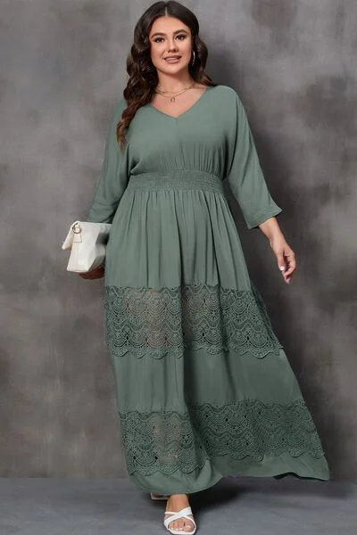 Blue Zone Planet | Plus Size Tied V-Neck Smocked Crochet Maxi Dress Stylish Maxi Dress with Frills Blue Zone Planet | Plus Size Tied V-Neck Smocked Crochet Maxi Dress Stylish Maxi Dress with Frills