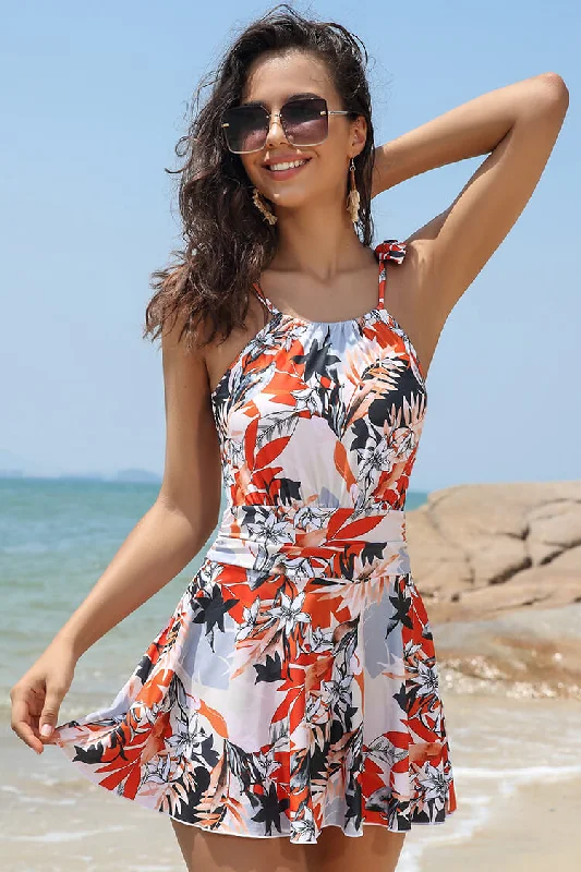 Halter High Neck Bandage One Piece Swimdress Floral Bikini Top