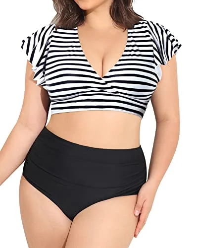 Ruffled Sleeve Two Piece Swimsuits Plus Size High Waisted Bikini-Black And White Stripe Floral Swimwear Set Ruffled Sleeve Two Piece Swimsuits Plus Size High Waisted Bikini-Black And White Stripe Floral Swimwear Set