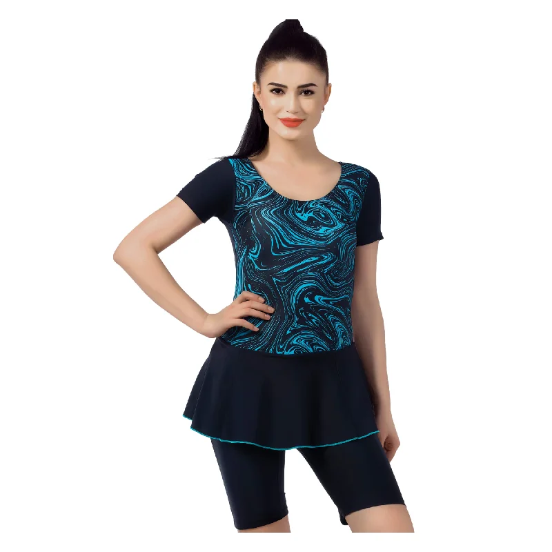 Marble Twirl Women's PADDED SWIM DRESS (Half) (Sun Protected and Chlorine Tested) Sleek Full Coverage Marble Twirl Women's PADDED SWIM DRESS (Half) (Sun Protected and Chlorine Tested) Sleek Full Coverage