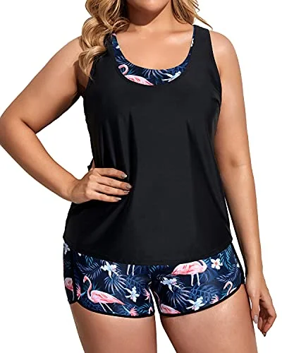 Scoop Neck Plus Size 3 Piece Swimsuits High Waisted Boy Shorts For Women-Black Flamingo Quick-Dry Swimsuit Scoop Neck Plus Size 3 Piece Swimsuits High Waisted Boy Shorts For Women-Black Flamingo Quick-Dry Swimsuit