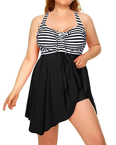 Flattering Ruched Plus Size Flowy Tankini Bathing Suits For Women-Black And White Stripe Playful Pattern Swimsuit Flattering Ruched Plus Size Flowy Tankini Bathing Suits For Women-Black And White Stripe Playful Pattern Swimsuit