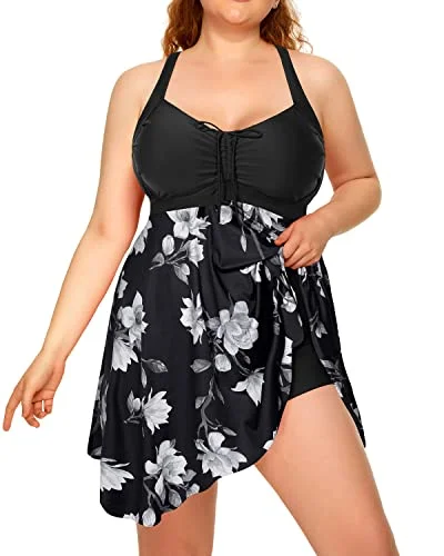 Sexy Cross-Back Plus Size Two Piece Swimdress Boyshorts For Women-Black Solid Color Swimsuit