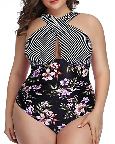 Front Cross Backless Plus Size Swimwear For Women-Stripes And Flowers Monokini Swimsuit Design Front Cross Backless Plus Size Swimwear For Women-Stripes And Flowers Monokini Swimsuit Design