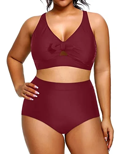 Women Plus Size Two Piece Swimsuit High Waisted Bikini Bottoms-Maroon Retro-Inspired Bikini Set Women Plus Size Two Piece Swimsuit High Waisted Bikini Bottoms-Maroon Retro-Inspired Bikini Set