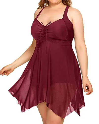 Slimming Plus Size Mesh Swim Dress Boyshorts Long Torso Swimsuits-Maroon Chic Bikini Set Slimming Plus Size Mesh Swim Dress Boyshorts Long Torso Swimsuits-Maroon Chic Bikini Set