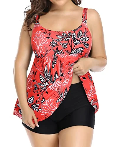 Plus Size Tankini Swimsuits With Boy Shorts For Women-Red Floral Retro Swimwear Style Plus Size Tankini Swimsuits With Boy Shorts For Women-Red Floral Retro Swimwear Style