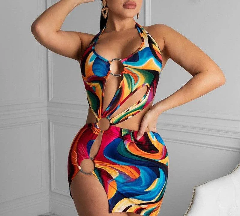 Adogirl Summer Hollow Out Halter Dress Sexy Backless Women Multicolor Evening Party Club Beach Wear Skinny Mini Dresses Vestido Stylish Puff Sleeve Mini Dress