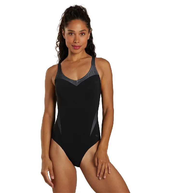 Arena Women's Isabel Light Cross Back One Piece Swimsuit Black/White Sexy Cutout Swimsuit