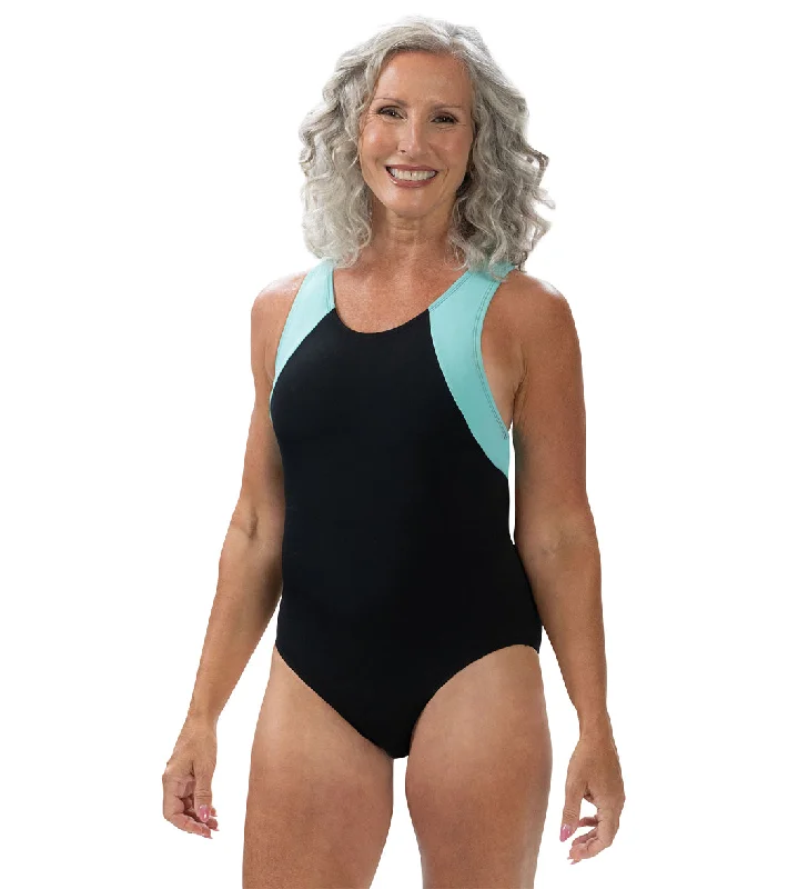 Dolfin Aquashape Women's Color Block One Piece Swimsuit Black/Mint Shiny One-Piece Swimsuit