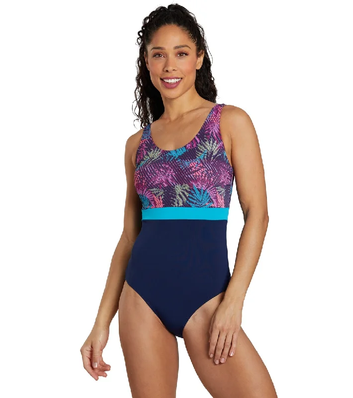 Dolfin Women's Aquashape Color Block Moderate Scoop Back Chlorine Resistant One Piece Swimsuit Enchanted Beach Ready Swimsuit