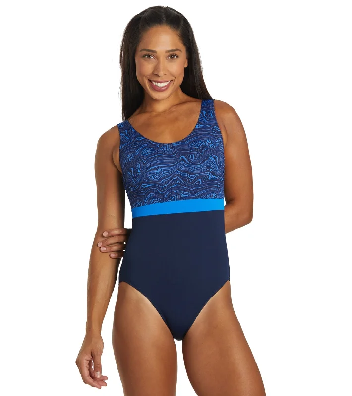 Dolfin Women's Aquashape Color Block Moderate Scoop Back Chlorine Resistant One Piece Swimsuit Waverly Sporty Swimsuit Style