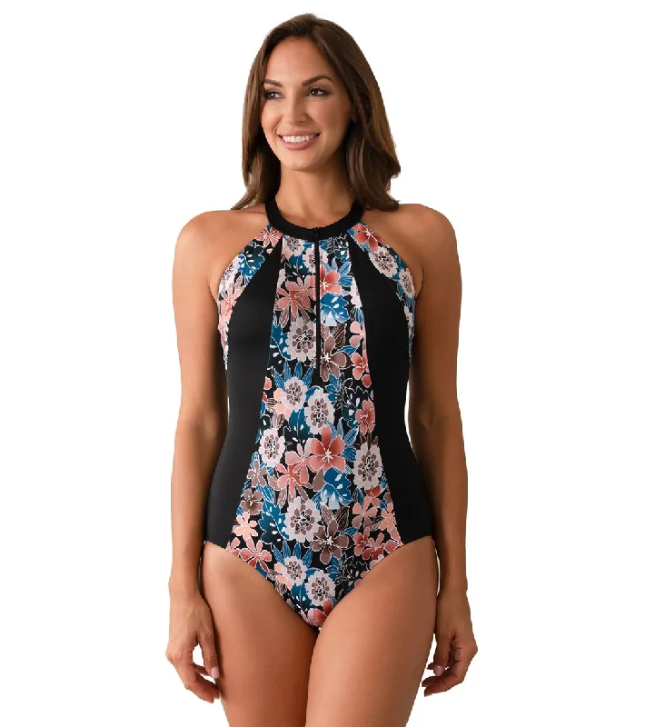 Fit4U Women's Moon Shadow High Neck Zip One Piece Swimsuit (C Cup) Mocha Quick-Dry Tankini