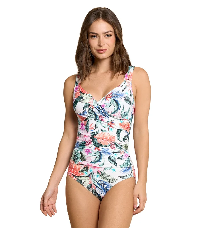 Jantzen Women's Hawaiian Terrace Surplice One Piece Swimsuit Ruched Swimwear Set