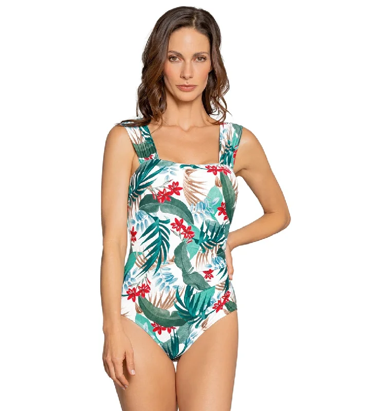 Jantzen Women's NeoTropics Glamour Cap Sleeve One Piece Swimsuit Seafoam Tides Sleek Full Coverage