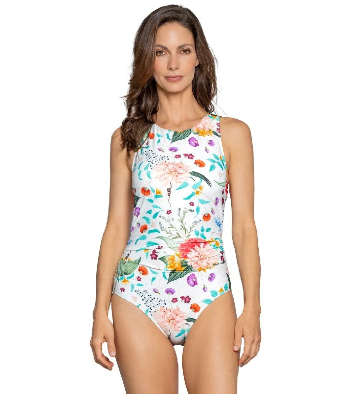 Jantzen Women's Sunrise Blush Farrah High Neck One Piece Swimsuit Seafoam Tides Tropical Print Bikini