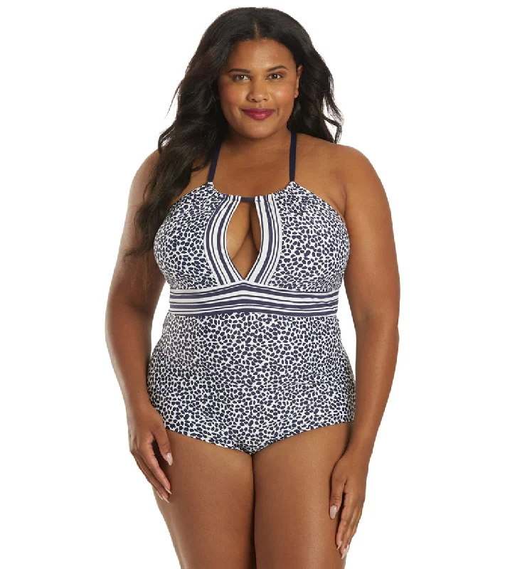 La Blanca Women's Plus Size Apulia Mix High Neck Keyhole One Piece Swimsuit Indigo Mesh Swimsuit Top