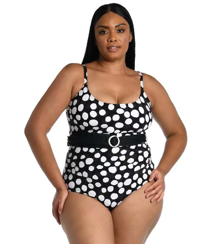 La Blanca Women's Plus Size Mod For Dot Belted Lingerie Mio One Piece Swimsuit Black Classic Swimsuit Design