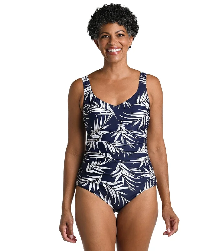 Maxine Women's Gold Leaf Over The Shoulder One Piece Swimsuit Indigo Reversible Bikini Set