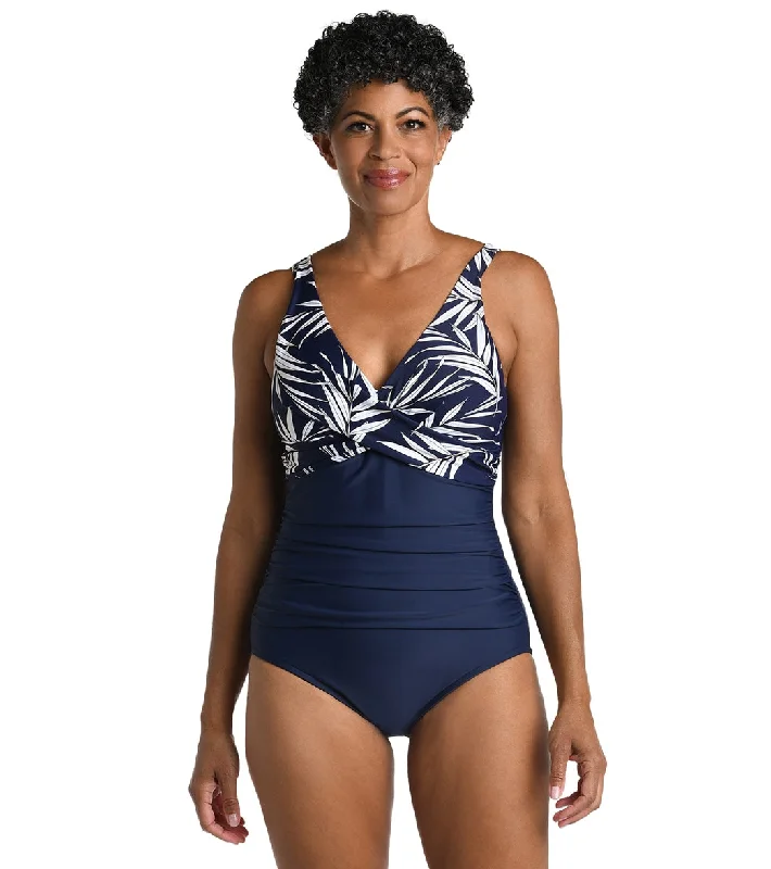 Maxine Women's Gold Leaf Wrap Front One Piece Swimsuit Indigo Strapless Swimsuit Top